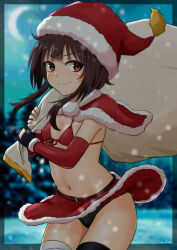 Rule 34 | 1girl, absurdres, bandaged leg, bandages, bikini, black gloves, black panties, black thighhighs, blunt bangs, blurry, blurry background, blush, breasts, brown hair, capelet, christmas, closed mouth, clothes lift, commentary, covered erect nipples, cowboy shot, crescent moon, fingerless gloves, floating clothes, floating hair, front-tie bikini top, front-tie top, fur-trimmed capelet, fur-trimmed headwear, fur-trimmed skirt, fur trim, gloves, hat, highres, holding, holding sack, kono subarashii sekai ni shukufuku wo!, looking at viewer, looking to the side, megumin, miniskirt, moon, navel, panties, pom pom (clothes), red bikini, red capelet, red eyes, red skirt, sack, santa costume, santa hat, short hair, short hair with long locks, sidelocks, single thighhigh, sirokohi, skirt, skirt lift, small breasts, smile, snow, snowing, solo, swimsuit, thighhighs, thighs, tree, underwear, white fur, wind, wind lift