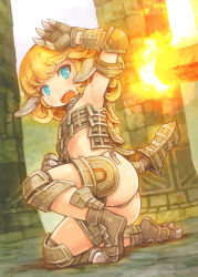 Rule 34 | 1girl, absurdres, aqua eyes, armpits, ass, blonde hair, celosia (shadow of the colossus), child, claws, fire, flat chest, giant, giantess, highres, horns, panties, personification, scan, shadow of the colossus, shigatake, short hair, side-tie panties, solo, tail, tears, underwear