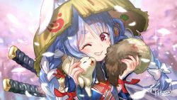 Rule 34 | 1girl, ajirogasa, alternate costume, animal, animal ear fluff, animal ears, animal on shoulder, artist name, blue hair, blurry, blurry background, blush, braid, carrot hair ornament, cherry blossoms, commentary, coppa, cosplay, food-themed hair ornament, fuurai no shiren, grin, hair ornament, hat, hikosan, hololive, japanese clothes, katana, light blue hair, long hair, multicolored hair, one eye closed, petals, rabbit ears, red eyes, shiren (fuurai no shiren), shiren (fuurai no shiren) (cosplay), signature, smile, sword, symbol-shaped pupils, thick eyebrows, tree, twin braids, twintails, two-tone hair, upper body, usada pekora, virtual youtuber, weapon, white hair