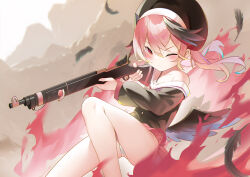 Rule 34 | 1girl, aiming, beret, black hat, black shirt, black wings, blue archive, chinese commentary, closed mouth, collarbone, commentary request, feathered wings, feathers, flat chest, gun, hat, head wings, highres, holding, holding gun, holding weapon, knee up, koharu (blue archive), long sleeves, low wings, miniskirt, no halo, off shoulder, one eye closed, panties, pantyshot, pink eyes, pink hair, pink skirt, pleated skirt, puffy long sleeves, puffy sleeves, rifle, sailor collar, sailor shirt, sakutaishi, shirt, shockwave, single bare shoulder, skirt, solo, twintails, underwear, weapon, white panties, white sailor collar, wings