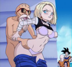 Rule 34 | 1boy, 1girl, age difference, aged up, android 18, angry, animated, animated gif, ass, bald, blonde hair, blue eyes, blush, bouncing breasts, bra, breasts, cheating (relationship), clenched teeth, clothed sex, dragon ball, dragonball z, earrings, hands on another&#039;s hips, jewelry, kuririn, kyde, muten roushi, netorare, older man and younger girl, outdoors, rape, sex, sex from behind, son goku, stealth sex, struggling, sweat, sweatdrop, teeth, underwear