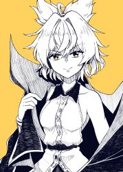 Rule 34 | 1girl, absurdres, ahoge, bright pupils, cape, closed mouth, gurajio, highres, limited palette, looking at viewer, orange background, pointy ears, pointy hair, short hair, simple background, sleeveless, smile, solo, touhou, toyosatomimi no miko, upper body