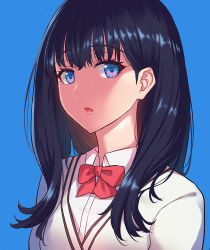 Rule 34 | 10s, 1girl, black hair, blue background, blue eyes, bow, bowtie, cardigan, collared shirt, commentary request, gridman universe, lipstick, long hair, looking at viewer, makeup, open mouth, pink lips, red bow, red bowtie, school uniform, shirt, simple background, solo, ssss.gridman, takarada rikka, white cardigan, white shirt, zhen lu