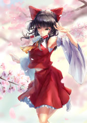 Rule 34 | 1girl, absurdres, armpits, asllapistone, black hair, bow, cherry blossoms, day, floating hair, hair bow, hair tubes, hakurei reimu, highres, layered skirt, long hair, long sleeves, midriff, miniskirt, outdoors, red bow, red legwear, red ribbon, red shirt, red skirt, red sleeves, ribbon, ribbon-trimmed sleeves, ribbon trim, sarashi, shirt, skirt, sleeveless, sleeveless shirt, solo, standing, standing on one leg, stomach, tabi, touhou, twintails, wide sleeves