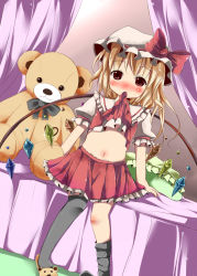 Rule 34 | 1girl, bed, black thighhighs, blonde hair, blush, bow, canopy bed, clothes lift, flandre scarlet, hat, hat bow, kazura, looking at viewer, midriff, mob cap, mouth hold, navel, on bed, pillow, puffy sleeves, red eyes, shirt lift, short sleeves, side ponytail, sitting, skirt, skirt set, slippers, solo, stuffed animal, stuffed toy, teddy bear, thighhighs, thighhighs pull, touhou, wings