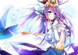 Rule 34 | 1girl, animal ears, blue eyes, blush, bracelet, breasts, fins, head fins, highres, jewelry, leeannpippisum, long hair, looking at viewer, lots of jewelry, mermaid, monster girl, navel, purple hair, puzzle &amp; dragons, siren (p&amp;d), smile, solo, tiara