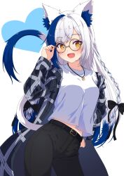 Rule 34 | 1girl, :d, adjusting eyewear, alternate costume, animal ear fluff, animal ears, aomiya yozuri, belt, black belt, black bow, black coat, black pants, blue hair, blush, bow, braid, breasts, cat ears, cat girl, cat necklace, cat tail, coat, commentary request, glasses, hair bow, hand up, heart, highres, jewelry, long hair, looking to the side, medium breasts, multicolored hair, multiple hair bows, namikawa kuroha, necklace, open mouth, pants, plaid, plaid coat, round eyewear, shirt, sidelocks, simple background, smile, solo, streaked hair, t-shirt, tail, twin braids, vee (vtuber), very long hair, virtual youtuber, white background, white hair, white shirt, yellow eyes