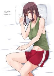 Rule 34 | 10s, 1girl, absurdres, bed, brown eyes, brown hair, commentary request, dated, girls und panzer, green shirt, gym shorts, highres, irukatto, kondou taeko, looking at viewer, lying, navel, on side, parted lips, pillow, red shorts, shirt, short hair, short shorts, shorts, single vertical stripe, sketch, solo, sportswear, tank top, twitter username