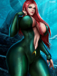 Rule 34 | 1girl, aquaman (series), blue eyes, breasts, cleavage, curvy, dc comics, large breasts, long hair, mera (dc), navel, red hair, smile, solo, standing, water
