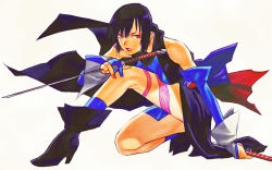Rule 34 | 1girl, bare shoulders, black hair, blue eyes, breasts, closed mouth, detached sleeves, dual wielding, full body, gloves, heterochromia, holding, japanese clothes, looking at viewer, nail polish, ninja, red eyes, sakamoto mineji, samurai spirits, shiki (samurai spirits), short hair, simple background, snk, solo, tattoo, weapon