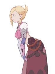 Rule 34 | 1girl, absurdres, armor, asymmetrical hair, blonde hair, blue eyes, braid, breasts, closed mouth, facing away, final fantasy, final fantasy xiv, folded ponytail, french braid, from side, highres, hyur, looking away, medium breasts, medium hair, minfilia warde, overskirt, side braid, simple background, smile, solo, v arms, white background, yoshikyuu