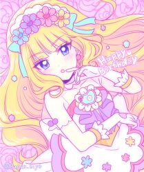 Rule 34 | 1girl, apron, blonde hair, blue eyes, blunt bangs, blush, bridal veil, brooch, commentary, cure finale, cure finale (party up style), delicious party precure, earrings, happy birthday, heart, heart brooch, highres, jewelry, kasai amane, long hair, magical girl, open mouth, precure, sidelocks, solo, sugar hiyo, veil, wide ponytail