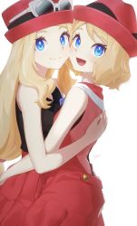 Rule 34 | 2girls, :d, blonde hair, blue eyes, closed mouth, commentary request, creatures (company), eyelashes, eyewear on headwear, fedora, game freak, hat, highres, hug, in-franchise crossover, looking at viewer, multiple girls, nintendo, notori d, open mouth, pleated skirt, pokemon, pokemon (anime), pokemon xy, pokemon xy (anime), porkpie hat, red headwear, red skirt, ribbon, serena (pokemon), simple background, skirt, sleeveless, smile, sunglasses, tongue, white background