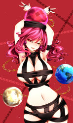 Rule 34 | 1girl, absurdres, alternate costume, armpits, arms up, breasts, cowboy shot, earrings, earth (ornament), eyelashes, hat, hecatia lapislazuli, highres, hot limit, jewelry, large breasts, lips, long hair, looking at viewer, moon (ornament), navel, one eye closed, parted lips, raptor7, red background, red eyes, red hair, revealing clothes, simple background, smile, solo, t.m.revolution, touhou