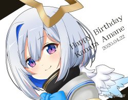 Rule 34 | 1girl, amane kanata, black background, blue bow, blue hair, blue wings, blush, bob cut, bow, character name, closed mouth, colored inner hair, commentary request, dated, feathered wings, gradient wings, grey jacket, hair between eyes, halo, happy birthday, high collar, hololive, jacket, looking at viewer, mitya, multicolored hair, multicolored wings, purple eyes, silver hair, single hair intake, smile, solo, star halo, twitter username, two-tone background, two-tone hair, virtual youtuber, white background, white wings, wings