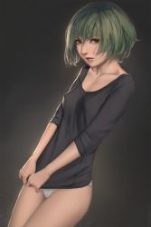 Rule 34 | 1girl, bad id, bad pixiv id, black shirt, blouse, breasts, clothes pull, cowboy shot, dark background, dutch angle, eto (tokyo ghoul), green eyes, green hair, grey background, highres, legs together, long sleeves, looking at viewer, miura-n315, no pants, panties, parted lips, realistic, shirt, shirt pull, short hair, small breasts, solo, tokyo ghoul, underwear, white panties