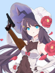 Rule 34 | 1girl, bare shoulders, blue eyes, bodystocking, bodysuit, bodysuit under clothes, breasts, cleavage, closed mouth, covered navel, dress, elbow gloves, girls&#039; frontline, gloves, gun, hair ornament, hairclip, handgun, hangun, highres, holding, holding gun, holding weapon, ingerdoll, licking lips, light blue background, long hair, looking at viewer, machine pistol, petals, pistol, purple eyes, shoulder-stocked handgun, smile, solo, stechkin (girls&#039; frontline), stechkin (miss camellia&#039;s special service) (girls&#039; frontline), stechkin aps, stock (firearm), tongue, tongue out, upper body, weapon, white dress, white gloves, white headwear
