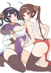 Rule 34 | 2girls, ahoge, ass, azur lane, back, backless dress, backless outfit, black hair, black legwear, blunt bangs, blush, bracelet, breasts, brown hair, china dress, chinese clothes, cleavage, cleavage cutout, clothing cutout, coat, dress, expressionless, fang, foot out of frame, fur-trimmed coat, fur trim, furrowed brow, groin, hair intakes, hair rings, hairband, highres, jewelry, kneeling, long hair, looking at viewer, medium breasts, medium hair, multiple girls, ning hai (azur lane), off shoulder, open clothes, open coat, open mouth, panty straps, pelvic curtain, ping hai (azur lane), purple dress, purple eyes, red dress, red eyes, simple background, single thighhigh, small breasts, smile, thighhighs, thighs, thong, twintails, white background, white coat, yayako (804907150)