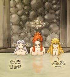 Rule 34 | 3girls, :3, = =, basedlida, bath, blonde hair, braid, breasts, commentary, english text, flamme (sousou no frieren), flat chest, frieren, grey hair, hair bun, hair down, hair over one eye, large breasts, multiple girls, orange hair, partially submerged, pointy ears, serie (sousou no frieren), single hair bun, sousou no frieren