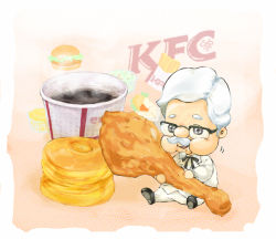 Rule 34 | 1boy, beard, black eyes, chibi, colonel sanders, eating, facial hair, fried chicken, glasses, kfc, maiko (hyoppo244), male focus, mini person, miniboy, mustache, old, old man, sitting, white hair