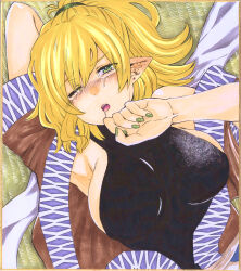 Rule 34 | 1girl, absurdres, arm behind back, arm up, armpits, black shirt, blonde hair, blush, breasts, bright pupils, brown shirt, commentary request, crying, crying with eyes open, ear piercing, eyes visible through hair, fingernails, green eyes, green nails, hair between eyes, half-closed eyes, highres, large breasts, looking at viewer, matsuri kyuuta, medium bangs, mizuhashi parsee, on floor, one eye closed, open mouth, piercing, pointy ears, shikishi, shirt, short hair, short ponytail, short sleeves, sideboob, sleeveless, sleeveless shirt, solo, tatami, tears, touhou, traditional media, upper body, white pupils
