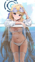 Rule 34 | 1girl, absurdres, bikini, blonde hair, blue archive, blue eyes, blue halo, blush, breasts, closed mouth, goggles, goggles on head, halo, highres, long hair, long sleeves, looking at viewer, medium breasts, navel, solo, swimsuit, thighhighs, toki (blue archive), white bikini, white thighhighs, xu wen (bbb2822828)