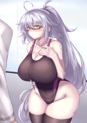 Rule 34 | 1boy, 1girl, absurdres, bare shoulders, black one-piece swimsuit, black thighhighs, blush, breasts, cleavage, closed mouth, collarbone, commentary request, covered navel, fate (series), hair between eyes, high ponytail, highres, indoors, ishibori eregomos, jeanne d&#039;arc (fate), jeanne d&#039;arc (swimsuit archer) (second ascension) (fate), jeanne d&#039;arc alter (avenger) (fate), jeanne d&#039;arc alter (fate), large breasts, long hair, one-piece swimsuit, sidelocks, silver hair, skin tight, standing, swimsuit, thick thighs, thighhighs, thighs, very long hair, whistle, whistle around neck, yellow eyes