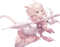 Rule 34 | 1girl, animal ears, warrior of light (ff14), axe, battle axe, black eyes, bow, bow legwear, cat ears, cat girl, cat tail, clothes lift, final fantasy, final fantasy xiv, flower, holding, holding axe, jewelry, long sleeves, looking at viewer, low twintails, miniskirt, miqo&#039;te, mmmegh, parted lips, pink bow, pink flower, pink hair, pink neckwear, pink sailor collar, pink skirt, pink thighhighs, pleated skirt, ring, sailor collar, school uniform, serafuku, short hair, short twintails, skirt, skirt lift, solo, sweater, tail, thighhighs, transparent background, twintails, weapon, white background, white sweater, wind, wind lift