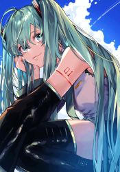 Rule 34 | 1girl, :3, aqua eyes, aqua hair, arm tattoo, bare shoulders, black thighhighs, blue sky, boots, closed mouth, cloud, contrail, day, detached sleeves, feet out of frame, from side, hair flowing over, hair ornament, hair over shoulder, hand on own cheek, hand on own face, hatsune miku, head rest, headphones, headset, holding, holding own hair, long hair, looking at viewer, miyatsuki azuki, necktie, skirt, sky, smile, solo, squatting, tattoo, thigh boots, thighhighs, twintails, very long hair, vocaloid