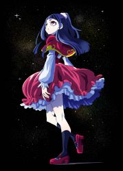 Rule 34 | 1girl, black background, black socks, expressionless, from below, full body, half updo, izayoi liko, long hair, looking up, mahou girls precure!, pink skirt, precure, purple hair, red eyes, red footwear, senmu (0107), shawl, shoes, skirt, socks, solo, standing, standing on one leg