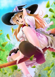 Rule 34 | 1girl, blonde hair, bloomers, braid, broom, broom riding, female focus, from below, hand on headwear, hat, kirisame marisa, kisaragi miyu, leaf, looking at viewer, open mouth, short hair, smile, solo, touhou, underwear, witch, witch hat, yellow eyes