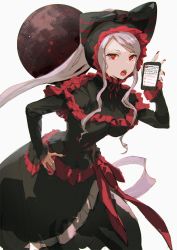 Rule 34 | 1girl, bonnet, cellphone, dress, gothic lolita, grey hair, hand on own hip, highres, lolita fashion, long hair, looking at viewer, nail polish, open mouth, overlord (maruyama), phone, red eyes, red nails, shalltear bloodfallen, sharp teeth, simple background, smartphone, so-bin, solo, teeth, translation request, white background