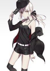 Rule 34 | 1girl, artoria pendragon (all), artoria pendragon (fate), bare shoulders, belt, black thighhighs, famepeera, fate/grand order, fate/stay night, fate (series), hat, hood, hooded jacket, jacket, jewelry, long hair, looking at viewer, necklace, official alternate costume, pale skin, ponytail, saber alter, saber alter (ver. shinjuku 1999) (fate), shorts, simple background, sleeveless, solo, thighhighs, white background, white hair, yellow eyes