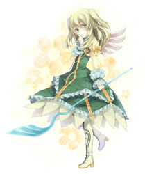 Rule 34 | 1girl, alternate color, alternate hairstyle, blonde hair, boots, bow, dress, elize lutus, green eyes, hagiwara rin, halo, hand on own face, knee boots, leg up, looking at viewer, solo, staff, tales of (series), tales of xillia, twintails, two side up, wings