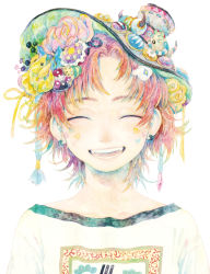 Rule 34 | 1girl, earrings, closed eyes, flower, hat, jewelry, open mouth, original, painting (medium), pink flower, red hair, runta, shirt, short hair, simple background, smile, solo, traditional media, upper body, watercolor (medium), white background, white shirt