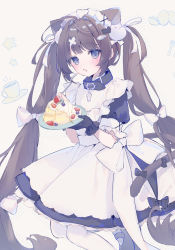Rule 34 | 1girl, ahoge, animal ears, apron, black bow, black dress, black gloves, bow, brown hair, cat ears, cat girl, cat tail, commentary request, dress, food, frilled gloves, frills, gloves, grey background, grey eyes, grey footwear, hair bow, hair intakes, hair ornament, highres, holding, holding plate, long hair, looking at viewer, maid, maid headdress, original, pancake, pancake stack, pantyhose, parted lips, plate, puffy short sleeves, puffy sleeves, shoes, short sleeves, solo, suzumori uina, tail, tail bow, tail ornament, twintails, very long hair, white apron, white bow, white pantyhose, x hair ornament