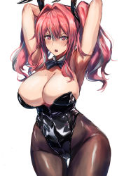 Rule 34 | 1girl, absurdres, animal ears, armpits, arms behind head, arms up, azur lane, bare shoulders, black bow, black bowtie, black leotard, blush, bow, bowtie, breasts, bremerton (azur lane), cleavage, commentary, cowboy shot, detached collar, eyebrows hidden by hair, fake animal ears, gluteal fold, grey hair, groin, hair between eyes, hair intakes, hair ornament, highleg, highleg leotard, highres, large breasts, leotard, long hair, looking at viewer, mole, mole on breast, mole under eye, multicolored hair, open mouth, pantyhose, pink eyes, pink hair, playboy bunny, rabbit ears, sakazuki sudama, sidelocks, simple background, solo, standing, strapless, strapless leotard, streaked hair, thigh gap, twintails, two-tone hair, white background