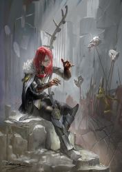 Rule 34 | 1boy, armor, bishounen, blood, bow (weapon), cloak, commentary request, emuson, closed eyes, failnaught, fate/grand order, fate (series), fur trim, harp, impaled, instrument, long hair, long sleeves, male focus, mask, music, playing instrument, realistic, red hair, sitting, solo, tristan (fate), weapon, white cloak