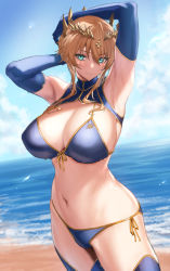 Rule 34 | 1girl, absurdres, aqua eyes, armpits, arms up, artoria pendragon (fate), artoria pendragon (lancer) (fate), bare shoulders, beach, bikini, blonde hair, blue bikini, blue gloves, blue sky, blue thighhighs, blush, braid, breasts, cleavage, closed mouth, cowboy shot, crown, day, elbow gloves, fate/grand order, fate (series), french braid, front-tie bikini top, front-tie top, gloves, highres, large breasts, looking at viewer, navel, ocean, outdoors, ribbon, short hair with long locks, side-tie bikini bottom, sidelocks, sky, smile, solo, stomach, swimsuit, thighhighs, ulrich (tagaragakuin), water, yellow ribbon