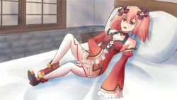 Rule 34 | 1girl, ai-fy, alyn (fairy fencer f), bed, bed sheet, breasts, commission, dress, eyebrows, eyelashes, fairy fencer f, hair ribbon, highres, nose, open mouth, pillow, red eyes, red hair, ribbon, shoes, sleeves past wrists, table, wall, window
