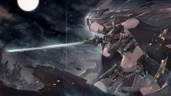 Rule 34 | 1girl, anchor symbol, animal ears, armor, armored dress, artist name, azur lane, black cape, black gloves, blue eyes, burnt clothes, cape, chinese commentary, closed mouth, collaboration, commentary, commentary request, english commentary, fingerless gloves, from side, full moon, gloves, groin, headgear, highres, hiryuu (azur lane), hiryuu meta (azur lane), holding, holding sword, holding weapon, long hair, midriff, mixed-language commentary, mkiiiiii, moon, moonlight, navel, night, night sky, ocean, parted bangs, rabbit ears, sidelocks, silver hair, skirt, sky, solo, standing, sword, wading, weapon, windforcelan