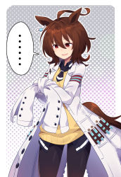 Rule 34 | ..., 1girl, agnes tachyon (umamusume), ahoge, animal ears, brown hair, highres, horse ears, horse girl, horse tail, lab coat, matsumoto tomoyohi, pantyhose, red eyes, sleeves past fingers, sleeves past wrists, solo, sweater, tail, tied sleeves, umamusume