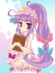 Rule 34 | 1girl, alternate hairstyle, book, bow, bow panties, female focus, frilled thighhighs, frills, garter straps, lace, lace-trimmed panties, lace trim, lingerie, long hair, momosuu, panties, patchouli knowledge, pink bow, ponytail, purple hair, ribbon, sakurai momo (rabbit), solo, thighhighs, touhou, underwear, white panties
