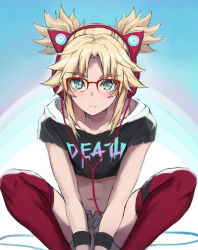 Rule 34 | 1girl, animal ear headphones, animal ears, bad id, bad twitter id, black shirt, blonde hair, blush, braid, breasts, cat ear headphones, closed mouth, clothes writing, crop top, fake animal ears, fang, fang out, fate/apocrypha, fate (series), french braid, glasses, green eyes, grey shorts, hair ornament, hair scrunchie, headphones, highres, long hair, looking at viewer, midriff, mordred (fate), mordred (fate/apocrypha), navel, parted bangs, red scrunchie, red thighhighs, scrunchie, shirt, short sleeves, shorts, sidelocks, small breasts, squatting, thighhighs, tonee, twintails