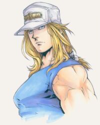 Rule 34 | 1boy, adam&#039;s apple, andy seto, baseball cap, blonde hair, blue eyes, chinese commentary, commentary, commentary request, cropped torso, cyber weapon z, english commentary, hat, highres, light frown, loneken carlsber, male focus, marker (medium), medium hair, mixed-language commentary, muscular, muscular male, pectorals, ponytail, profile, shirt, sleeveless, sleeveless shirt, solo, traditional media, upper body