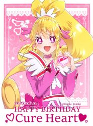 Rule 34 | 1girl, aida mana, birthday, blonde hair, bow, brooch, character name, choker, cure heart, dokidoki! precure, hair ornament, heart, heart brooch, heart hair ornament, heart hands, high ponytail, jewelry, long hair, magical girl, open mouth, pink background, pink bow, pink choker, pink eyes, pink hair, pink sleeves, ponytail, precure, smile, tanshi tanshi, twitter username, upper body, waist bow, wide ponytail