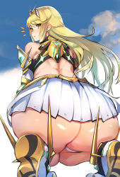 Rule 34 | 1girl, :o, ass, bare shoulders, blonde hair, blush, commentary, foreshortening, from behind, highres, huge ass, long hair, looking at viewer, looking back, mythra (xenoblade), nintendo, nuezou, parted lips, skindentation, skirt, solo, squatting, surprised, thick thighs, thighs, white skirt, xenoblade chronicles (series), xenoblade chronicles 2
