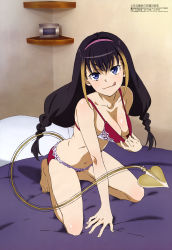 Rule 34 | 1girl, :q, absurdres, bare shoulders, barefoot, bed, black hair, blue eyes, blush, bra, bra pull, breasts, cleaned, cleavage, clothes pull, feet, full body, hairband, highres, hiyamizu yukie, indoors, kneeling, lessar, licking lips, long hair, looking at viewer, medium breasts, megami magazine, multicolored hair, naughty face, navel, official art, panties, pink hairband, red bra, red panties, shiny skin, smile, solo, tail, teasing, toaru majutsu no index, tongue, tongue out, underwear, very long hair