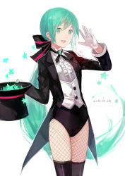 Rule 34 | 1girl, aqua eyes, aqua hair, black hat, blouse, center frills, collared shirt, cotta, dated, dress shirt, fishnet pantyhose, fishnets, frills, gloves, hat, hatsune miku, leotard, long hair, low ponytail, magician, miracle paint (vocaloid), open mouth, pantyhose, project diva, project diva (series), ribbon, salute, shirt, simple background, smile, solo, star (symbol), tailcoat, thighhighs, top hat, unworn hat, unworn headwear, very long hair, vocaloid, waistcoat, white background, white gloves, white shirt