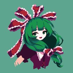 1girl 4qw5 :d blunt_bangs commentary cropped_torso english_commentary frilled_ribbon frills front_ponytail green_background green_eyes green_hair hair_ribbon highres kagiyama_hina long_hair looking_at_viewer open_mouth pixel_art red_ribbon ribbon short_sleeves simple_background smile solo touhou